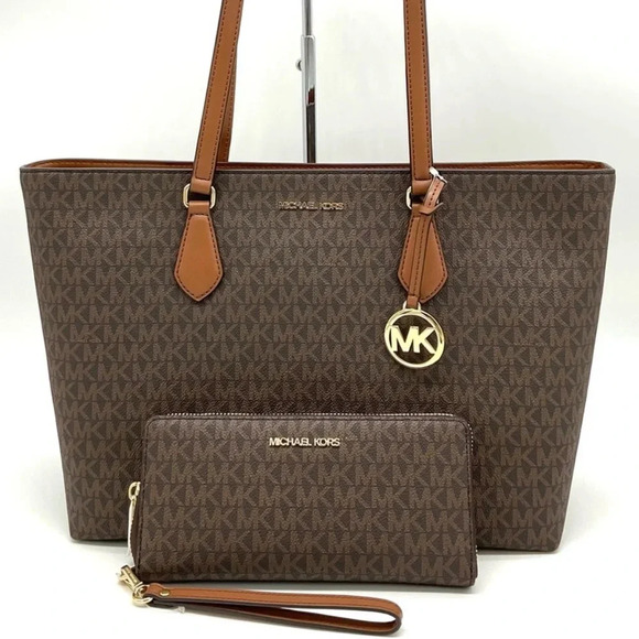 Michael Kors Bag Large Sheila Mf Tote & Continental Wallet Wristlet Brown/Gold - Picture 1 of 15